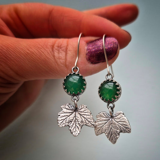 Currant leaf green agate earrings - one available