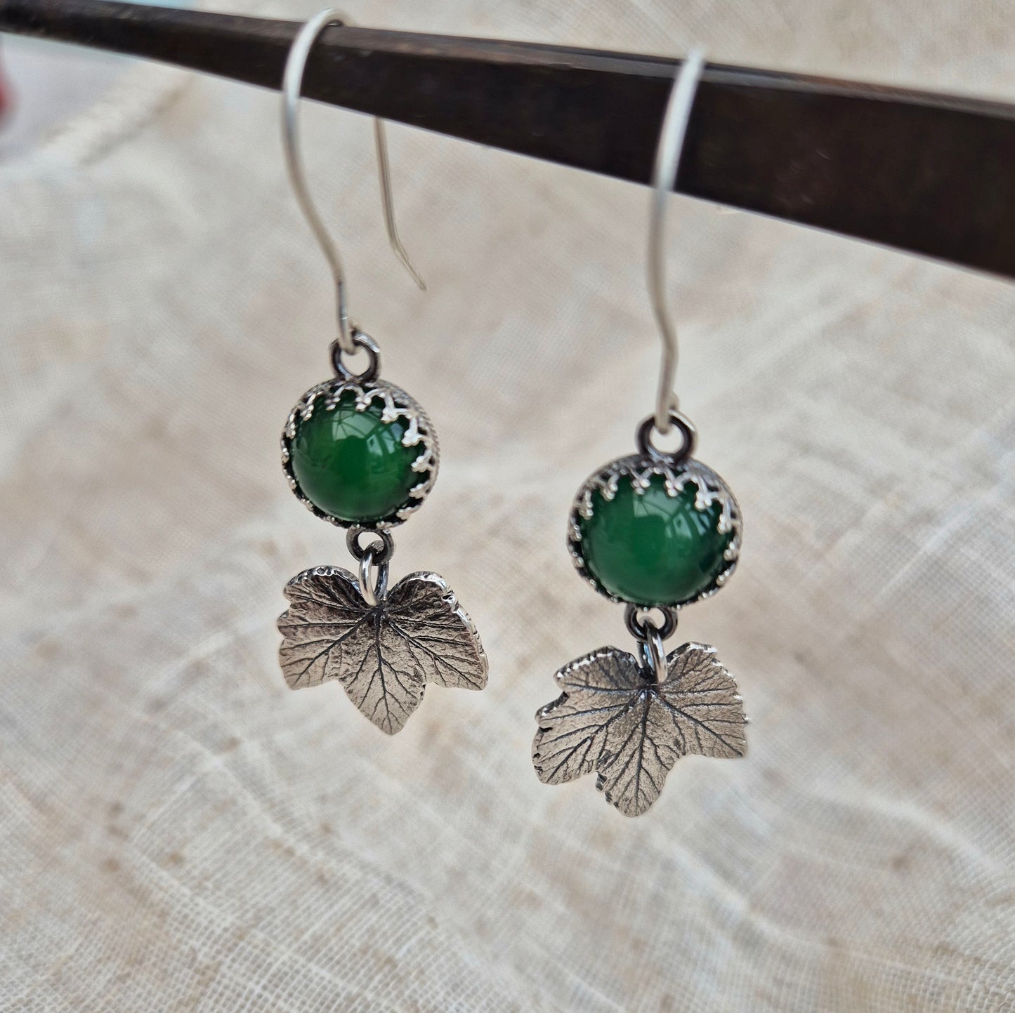 Currant leaf green agate earrings - one available