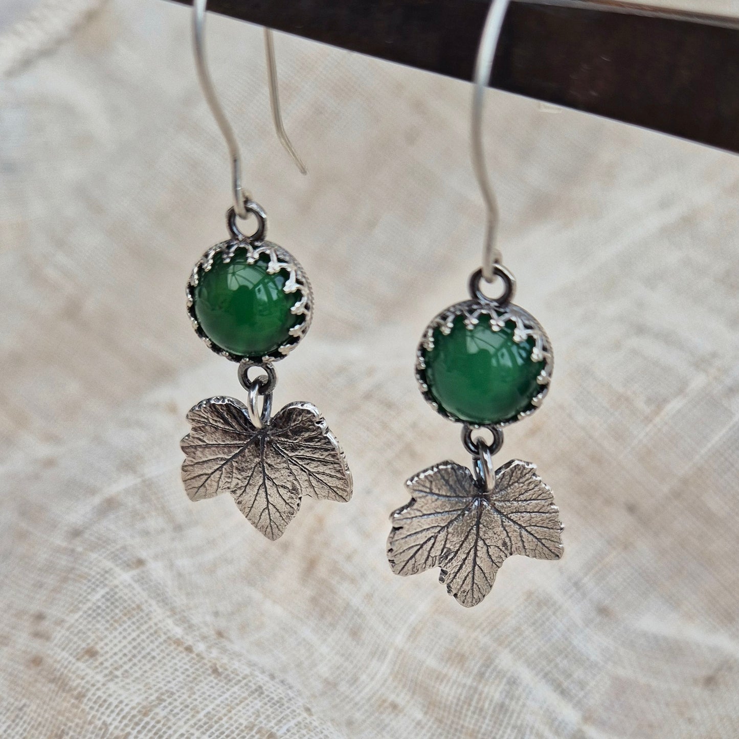 Currant leaf green agate earrings - one available