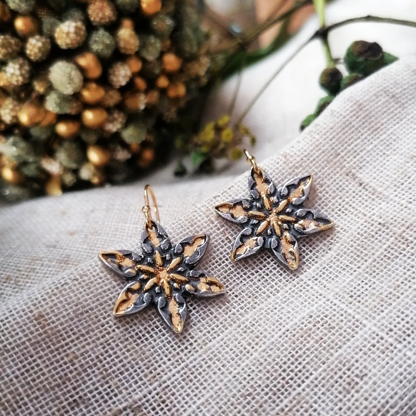 Keum boo gold and silver flower earrings