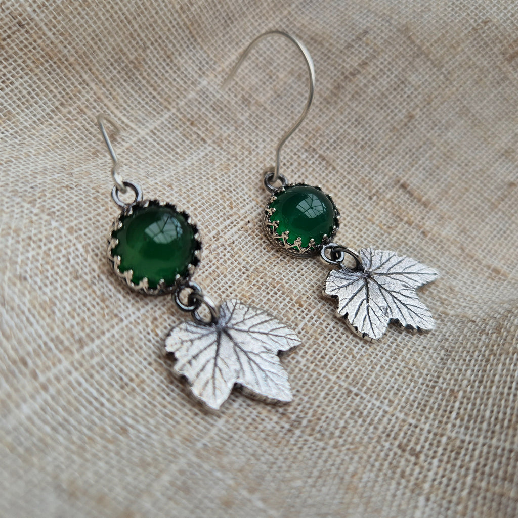 Currant leaf green agate earrings - one available