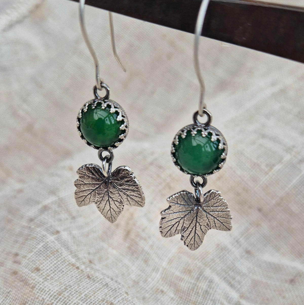 Currant leaf green agate earrings - one available